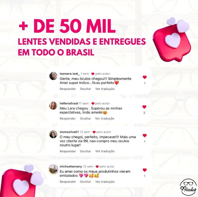 Banner Mobile - Mais de 50 mil lentes para óculos vendidas na 99 Óculos.